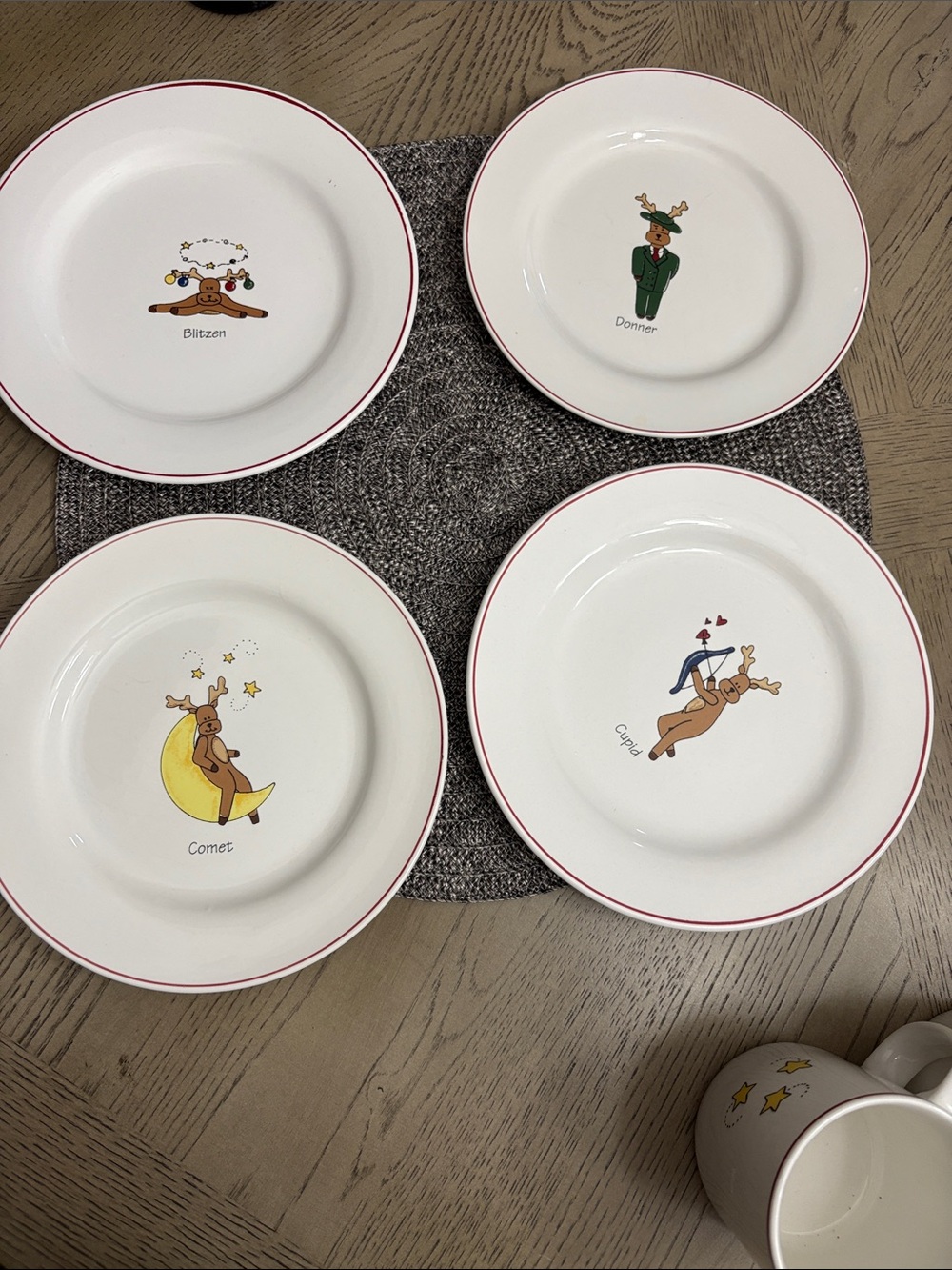 Rainbow Holiday Reindeer Dessert Plates - White with Red Trim (Set of 4)